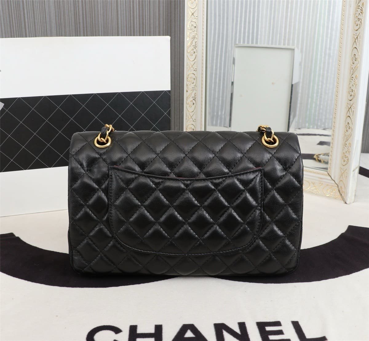 Ch**el Lambskin Quilted Medium Rue Cambon Charms Double Flap Black