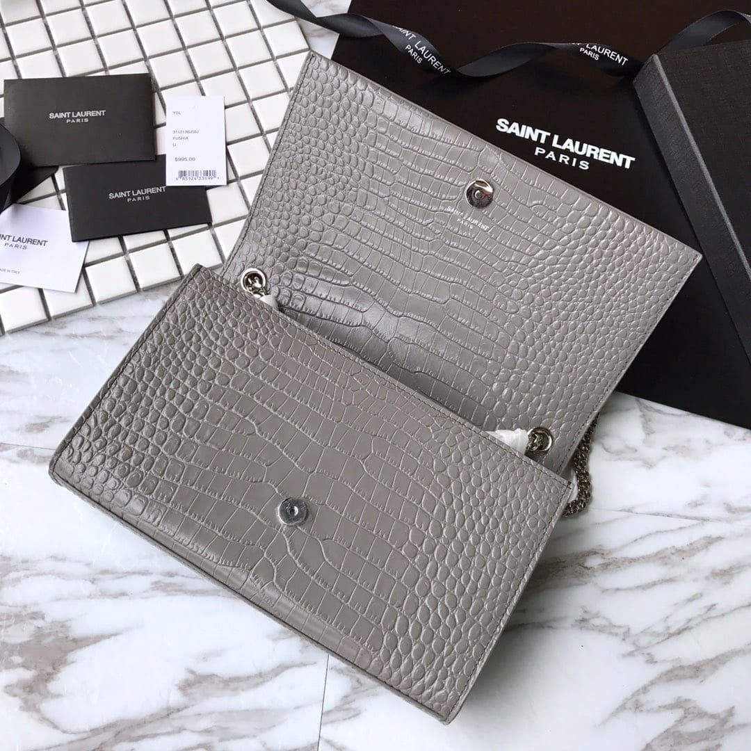 Sa1nt Lau*nt Grey Crocodile Embossed Kate Medium