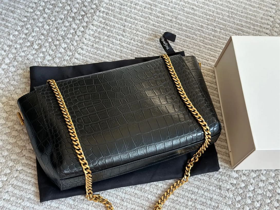 Sa1nt Lau*nt Medium Double-Sided Lettering Kate Crossbody Bag in Calfskin and Crocodile-Embossed Suede