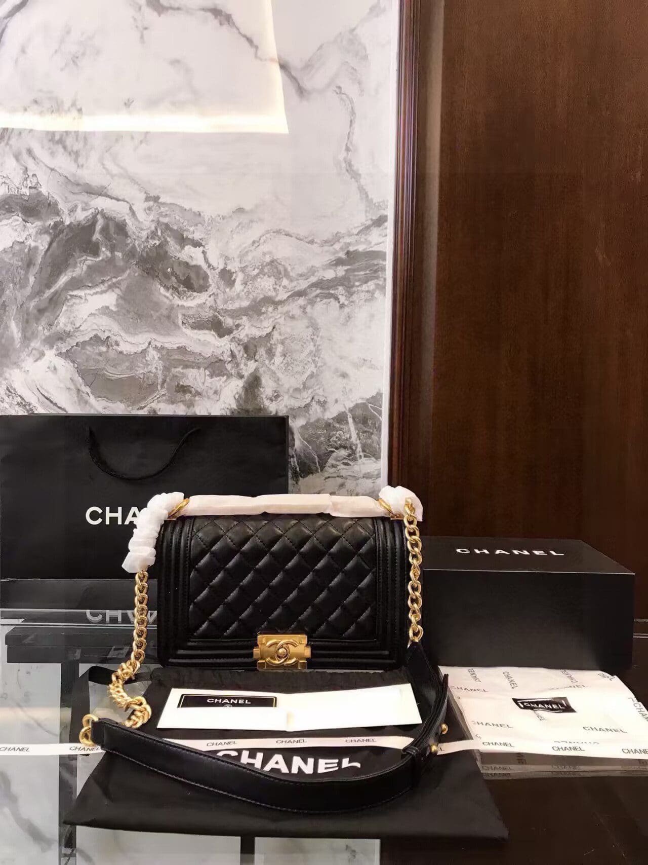 Ch**el Boy Ch**el Chain Shoulder Bag A67086 Calfskin GHW leather Black