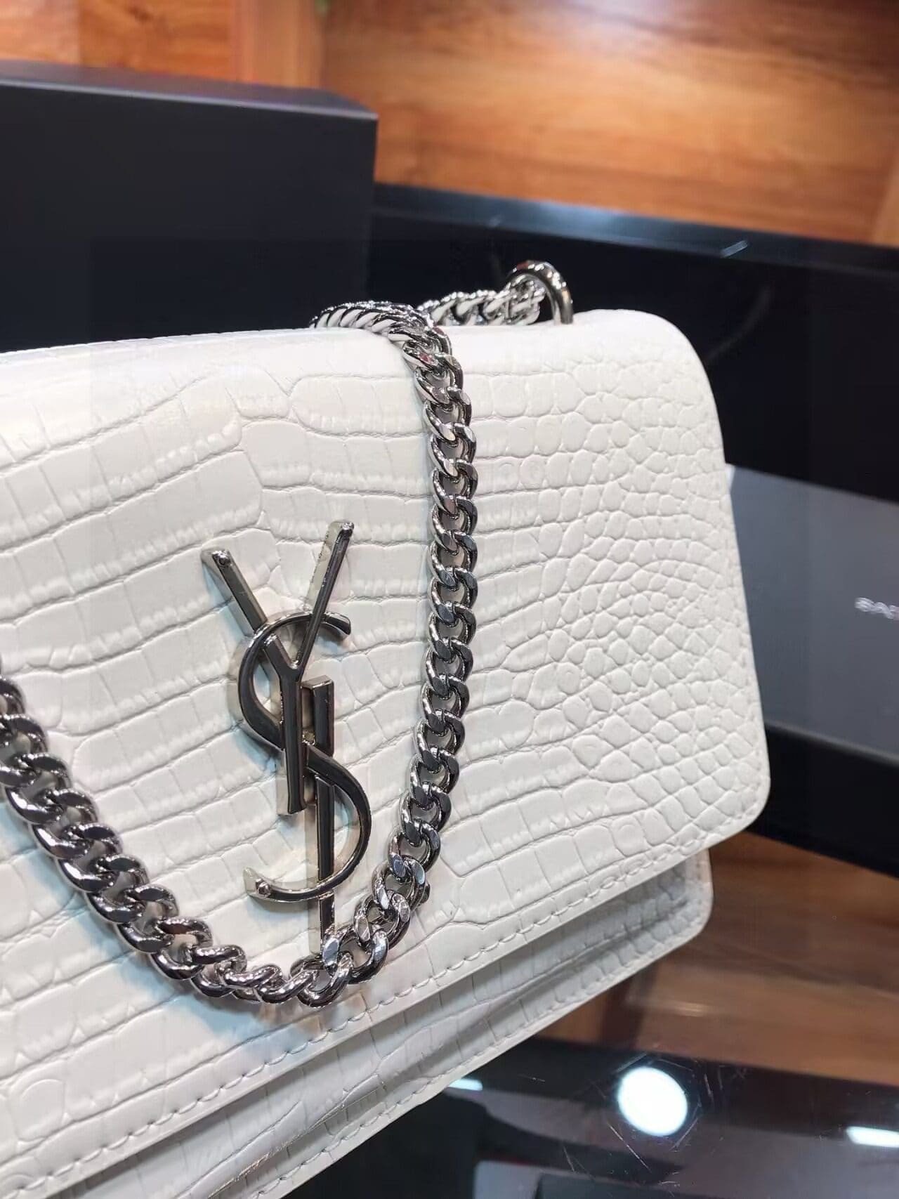 Sa1nt Lau*nt Calfskin Crocodile Embossed Medium Monogram Sunset Icy White