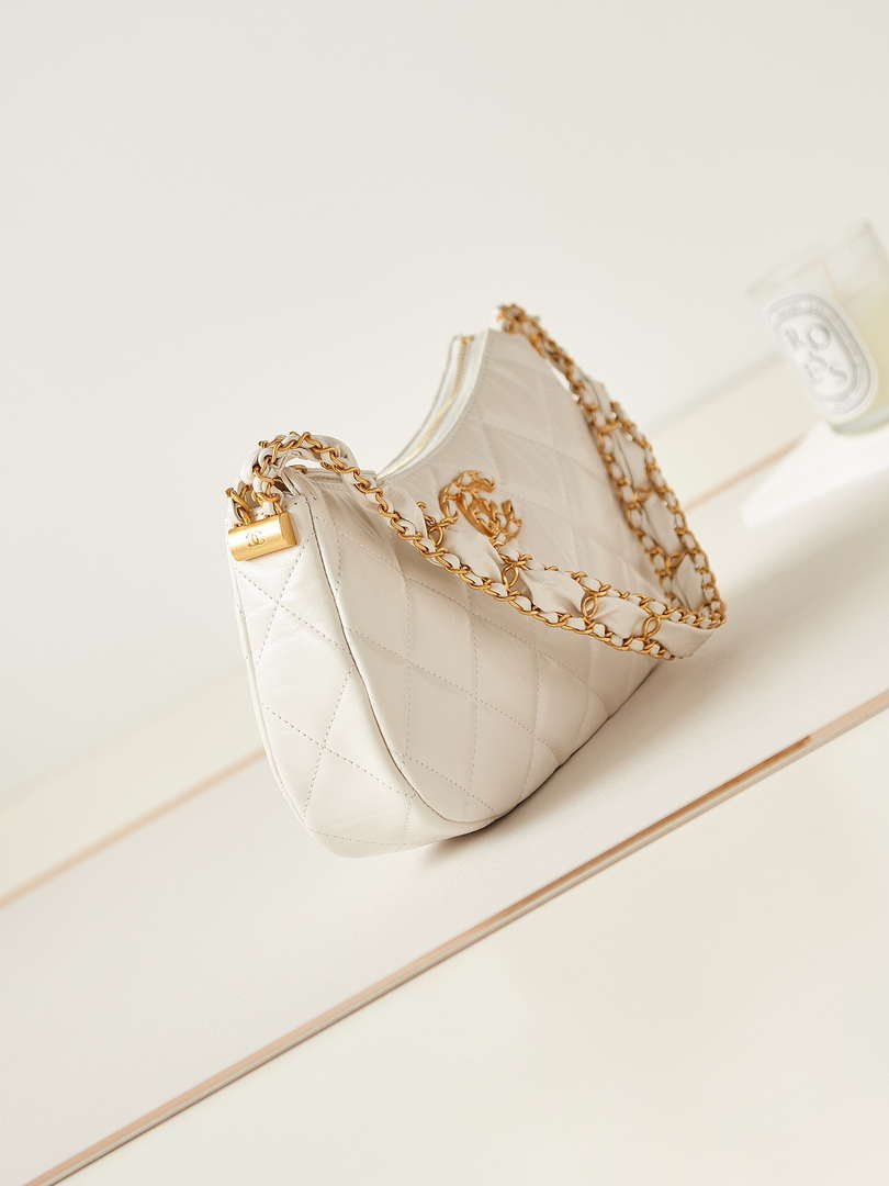 Ch**el AS4422 23K Hobo Bag Lambskin Gold Metal White
