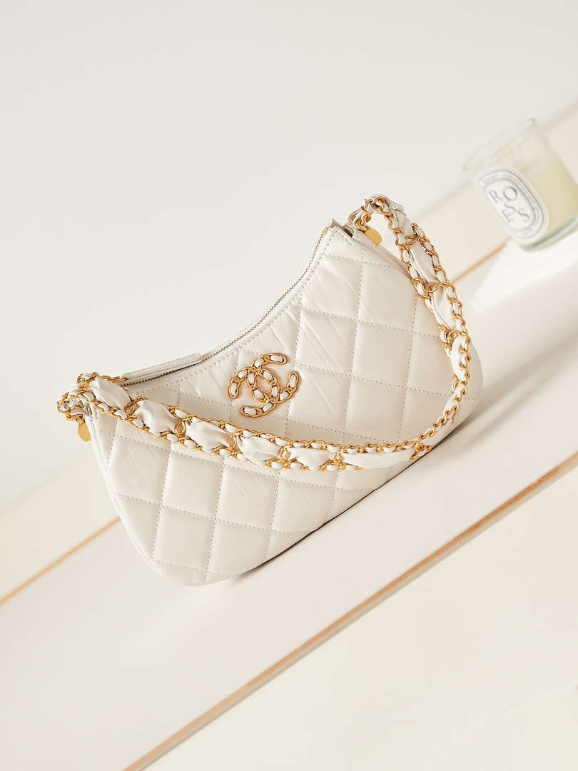 Ch**el AS4422 23K Hobo Bag Lambskin Gold Metal White