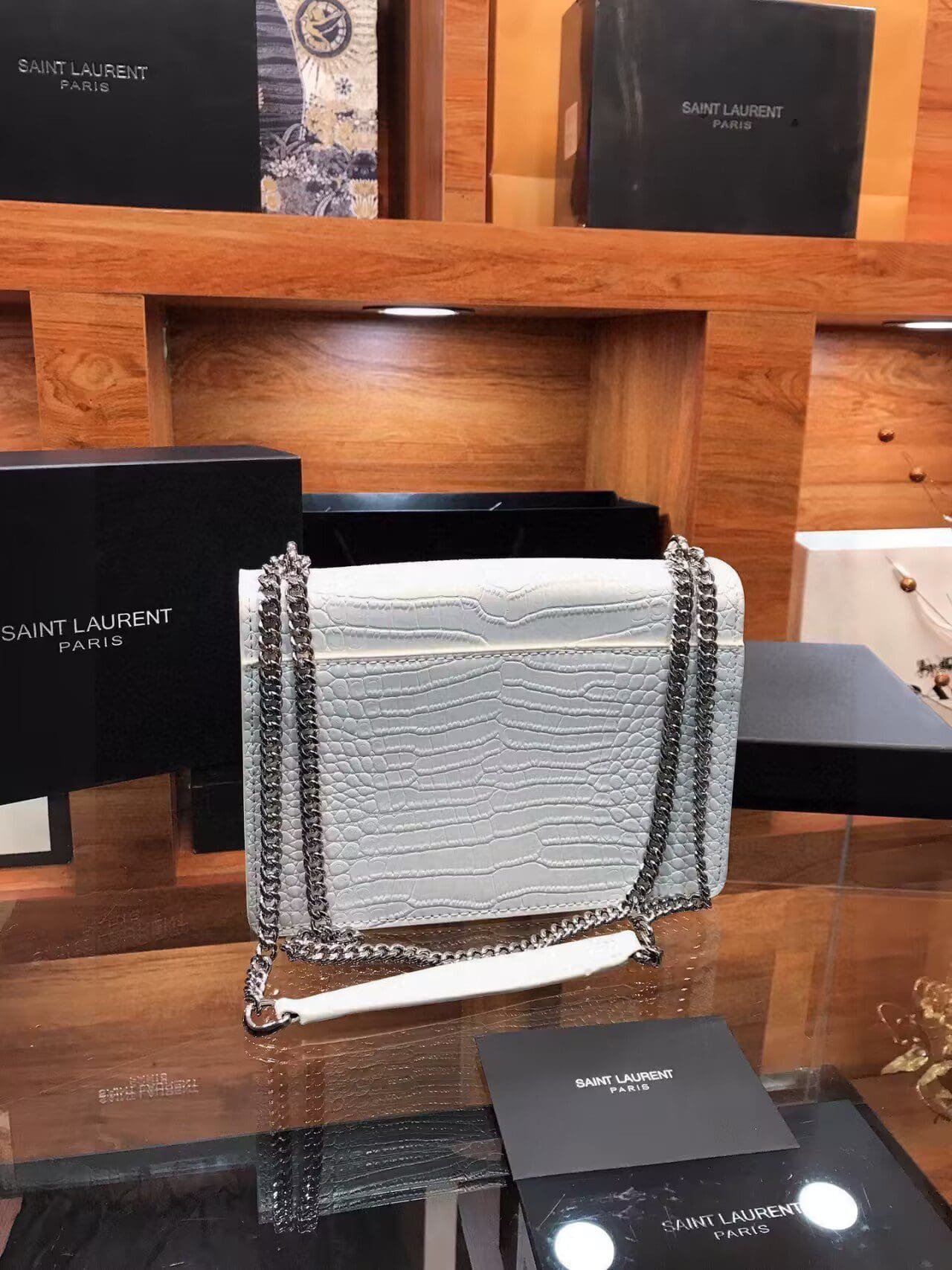 Sa1nt Lau*nt Calfskin Crocodile Embossed Medium Monogram Sunset Icy White