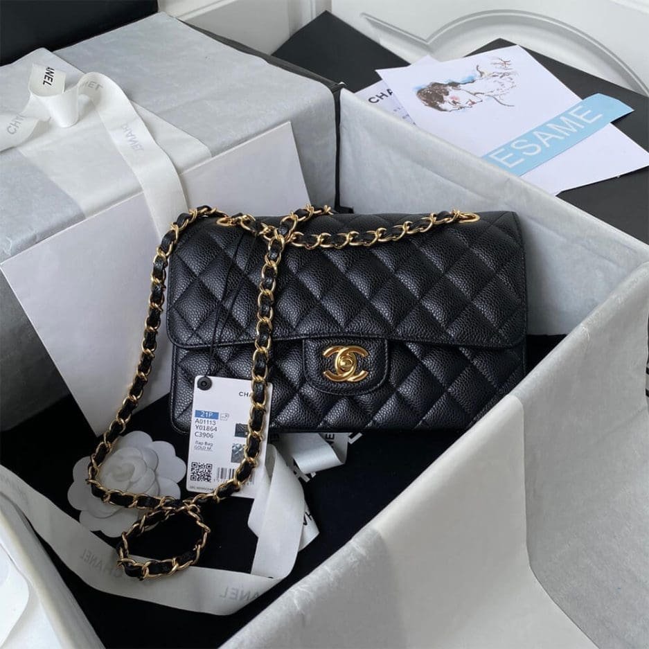 Ch**el SMALL CLASSIC HANDBAG Grained Calfskin & Gold Metal (top quality)
