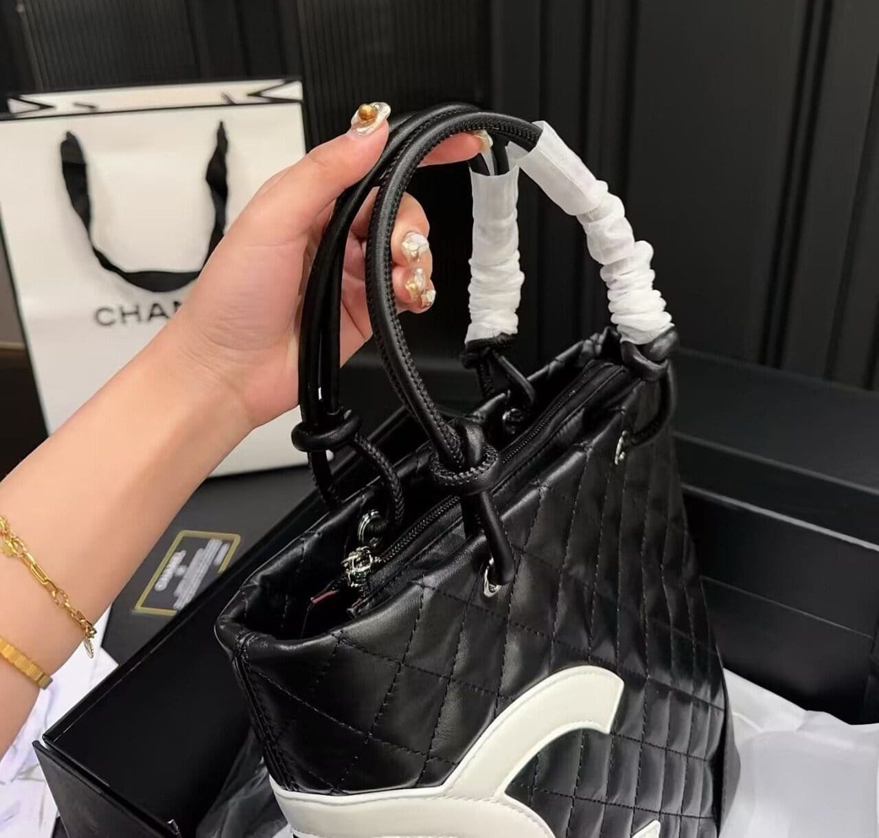 Ch**el Black Quilted Lambskin Leather Medium Cambon Tote