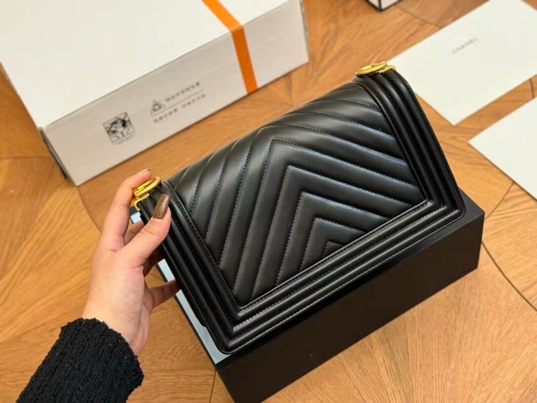 Ch**el Calfskin Chevron Quilted Medium Boy Flap Black