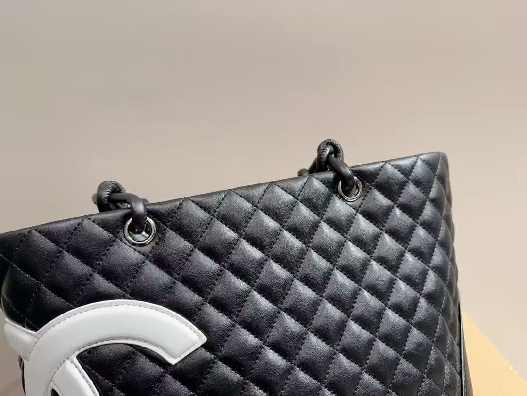 Ch**el Calfskin Quilted Large Cambon Tote Black White