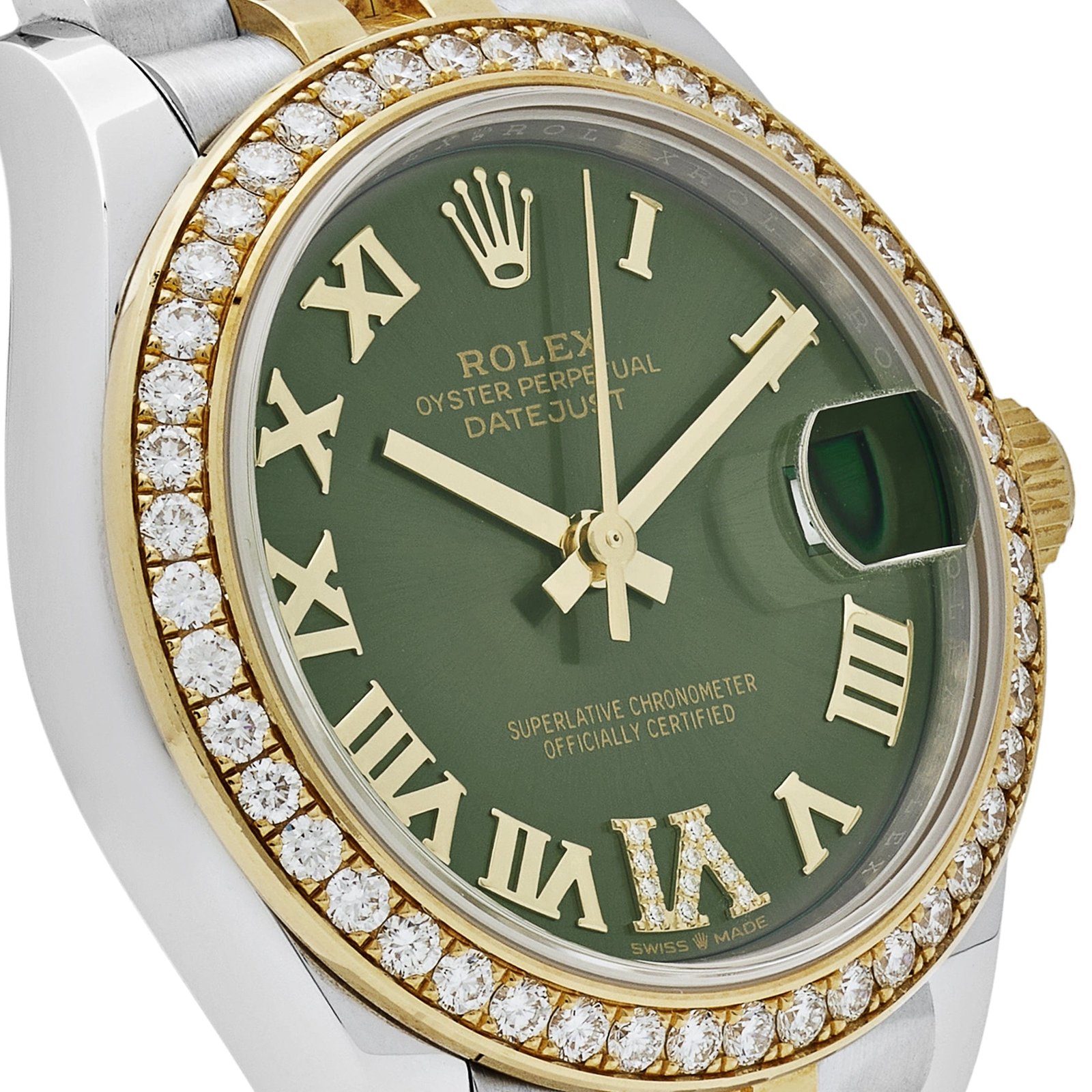 R01ex Datejust 31 278383RBR ‘Ladies’ Yellow Gold Stainless Steel Green Roman Dial D1am0nd Bezel
