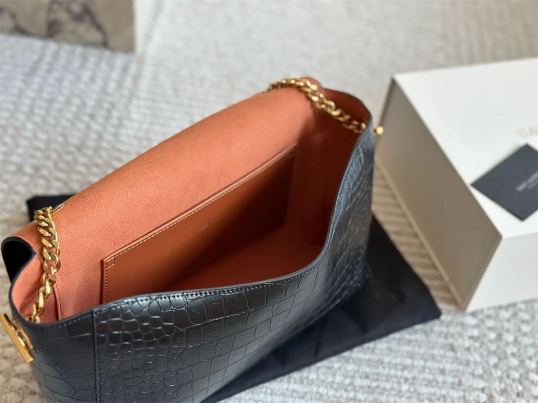 Sa1nt Lau*nt Medium Double-Sided Lettering Kate Crossbody Bag in Calfskin and Crocodile-Embossed Suede