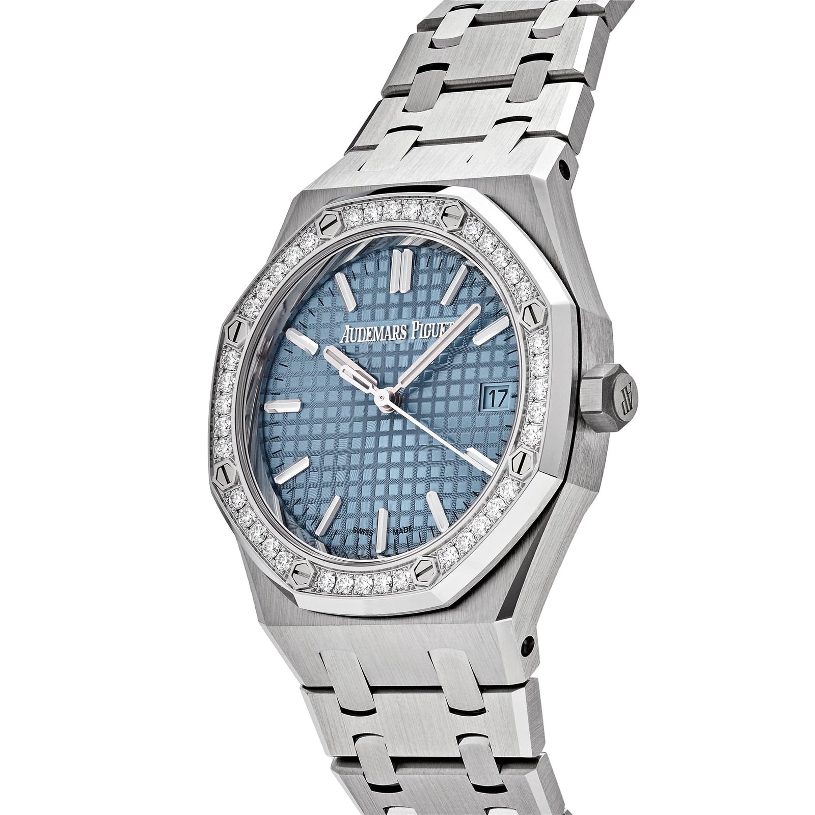 Audemars P1g*et Royal Oak 77451ST.ZZ.1361ST.01 ‘Ladies’ Selfwinding ’50th Anniversary’ Stainless Steel Light Blue Dial D1am0nd Bezel (2023)