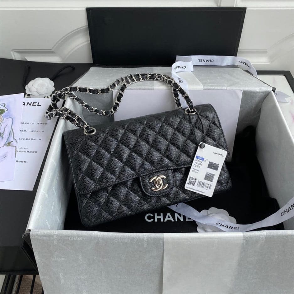 Ch**el CLASSIC HANDBAG Grained Calfskin & Silver Metal