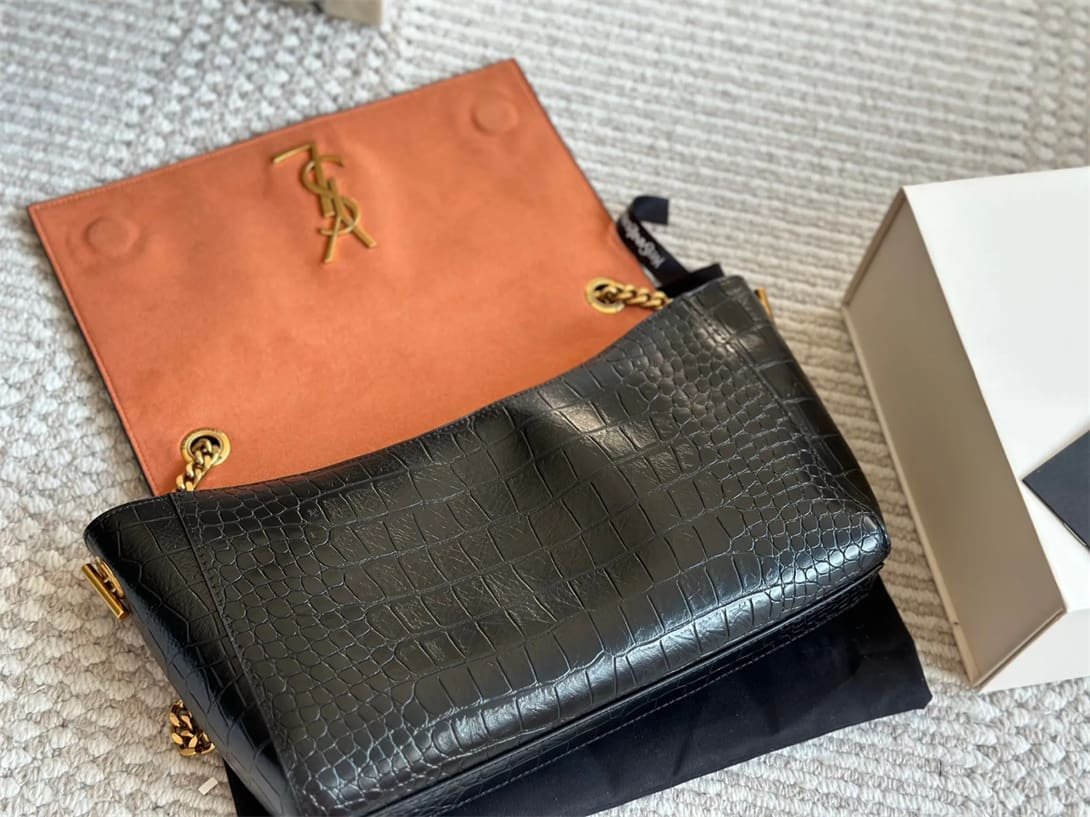 Sa1nt Lau*nt Medium Double-Sided Lettering Kate Crossbody Bag in Calfskin and Crocodile-Embossed Suede