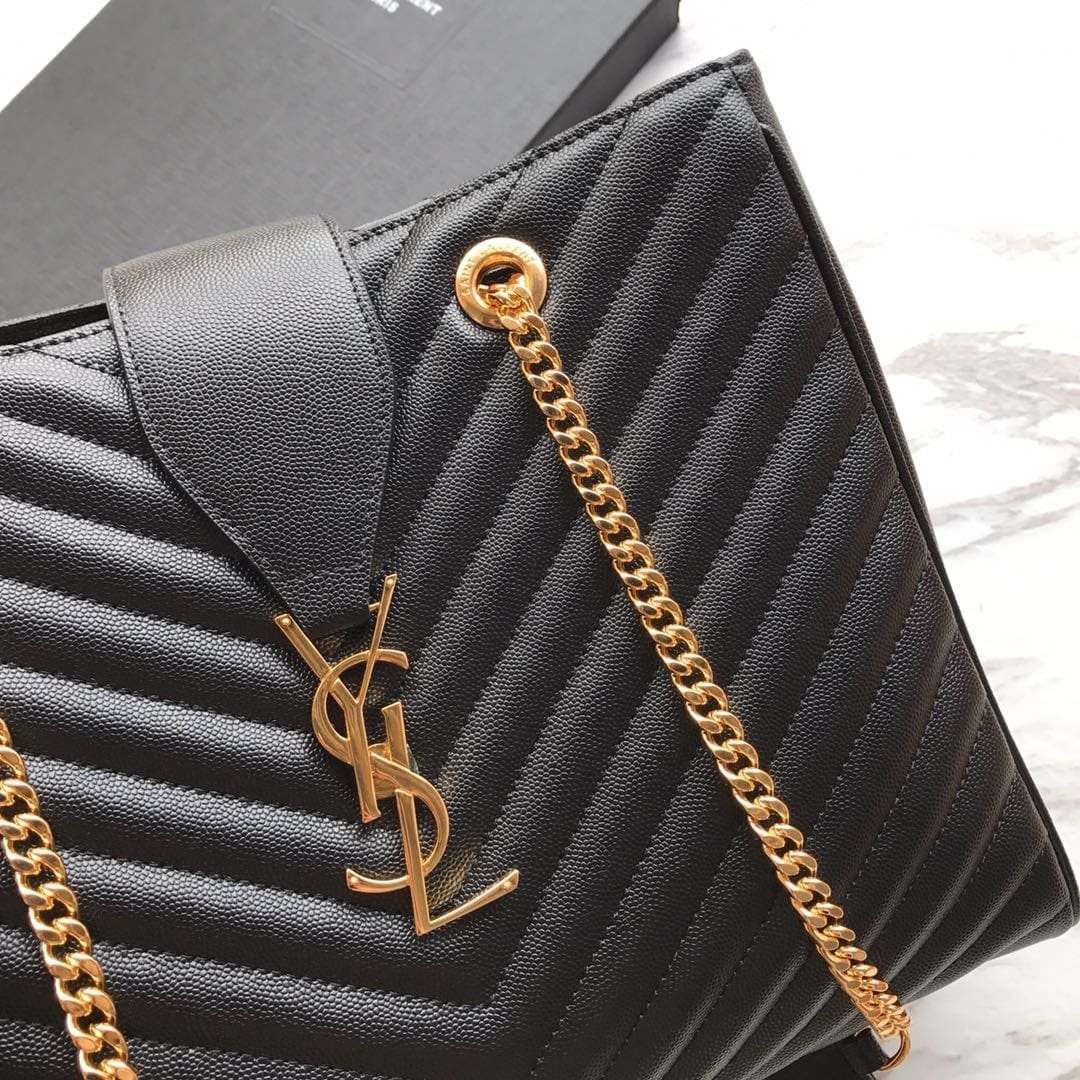 Sa1nt Lau*nt Black Chevron Leather Monogram Chain Cassandre Tote