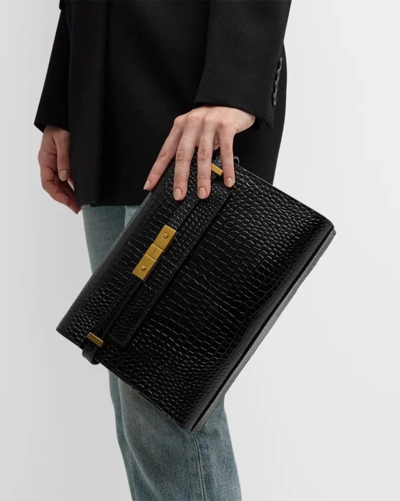 Sa1nt Lau*nt Manhattan Medium Shoulder Bag in Croc-Embossed Leather