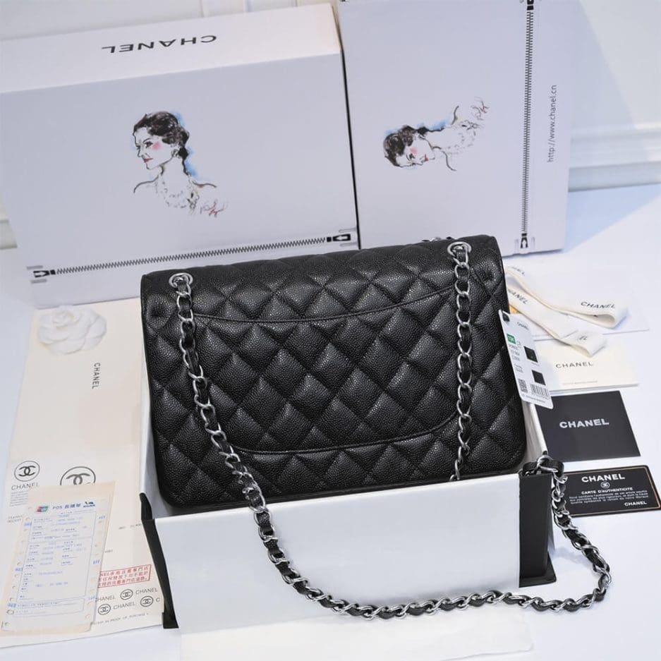 Ch**el LARGE CLASSIC HANDBAG Grained Calfskin & Silver Metal