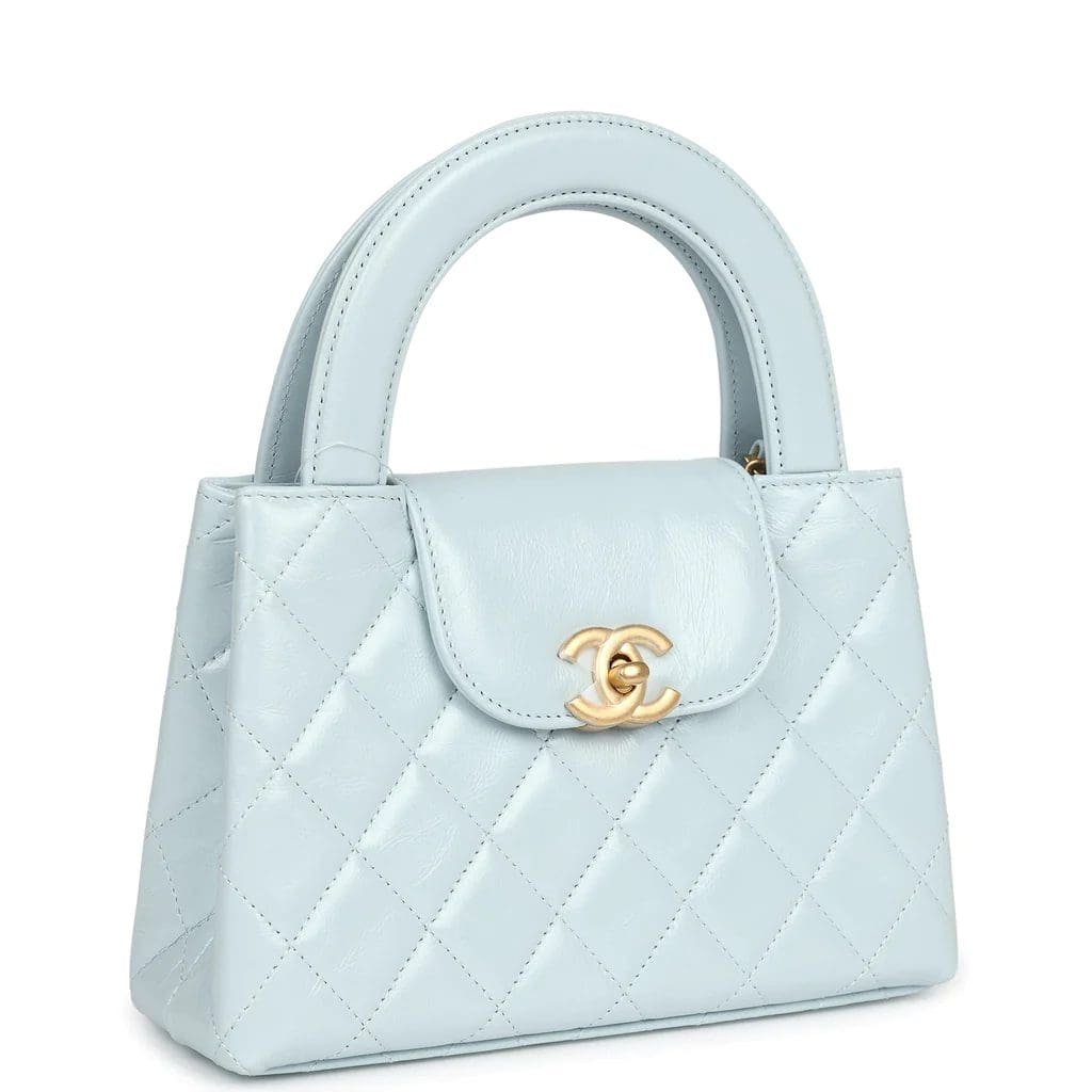 Ch**el Small Kelly Shopper Light Blue Shiny Aged Calfskin Brushed Gold Hardware