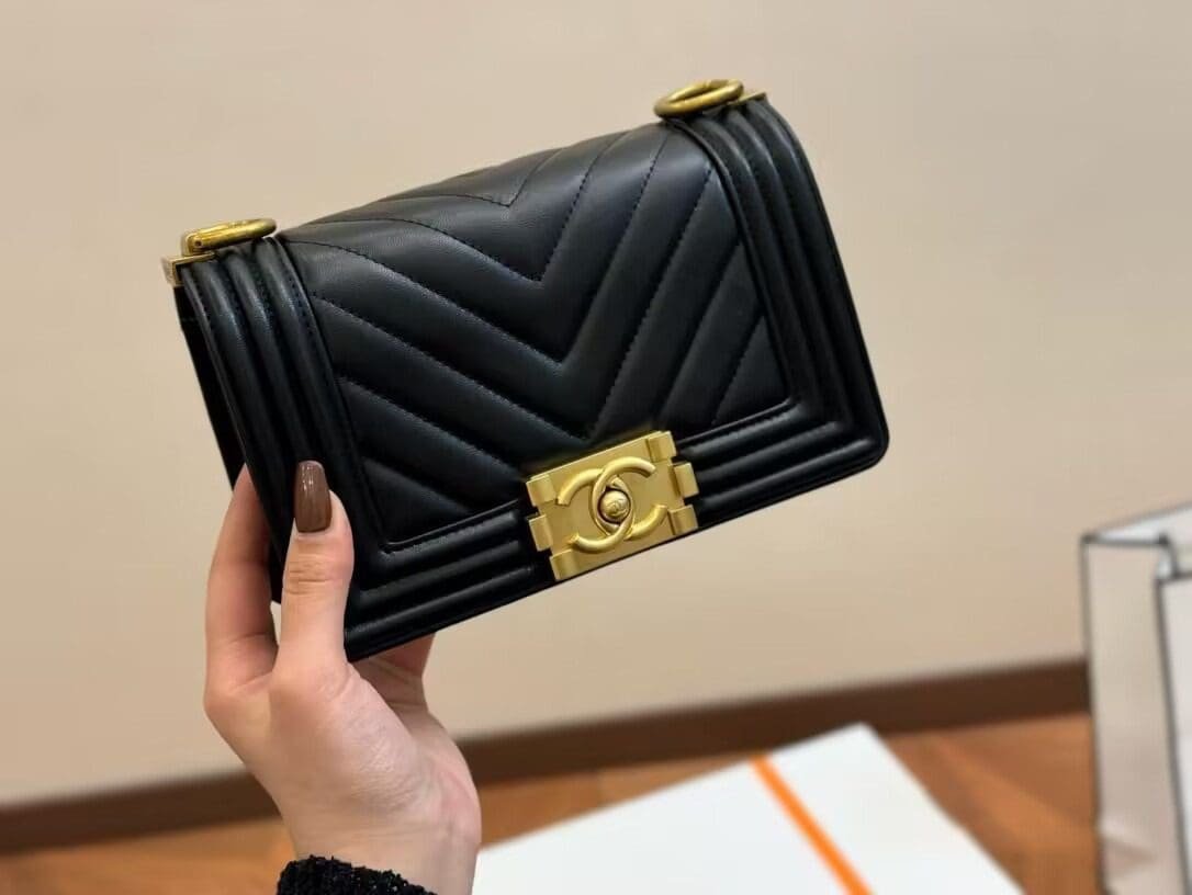 Ch**el Calfskin Chevron Quilted Medium Boy Flap Black