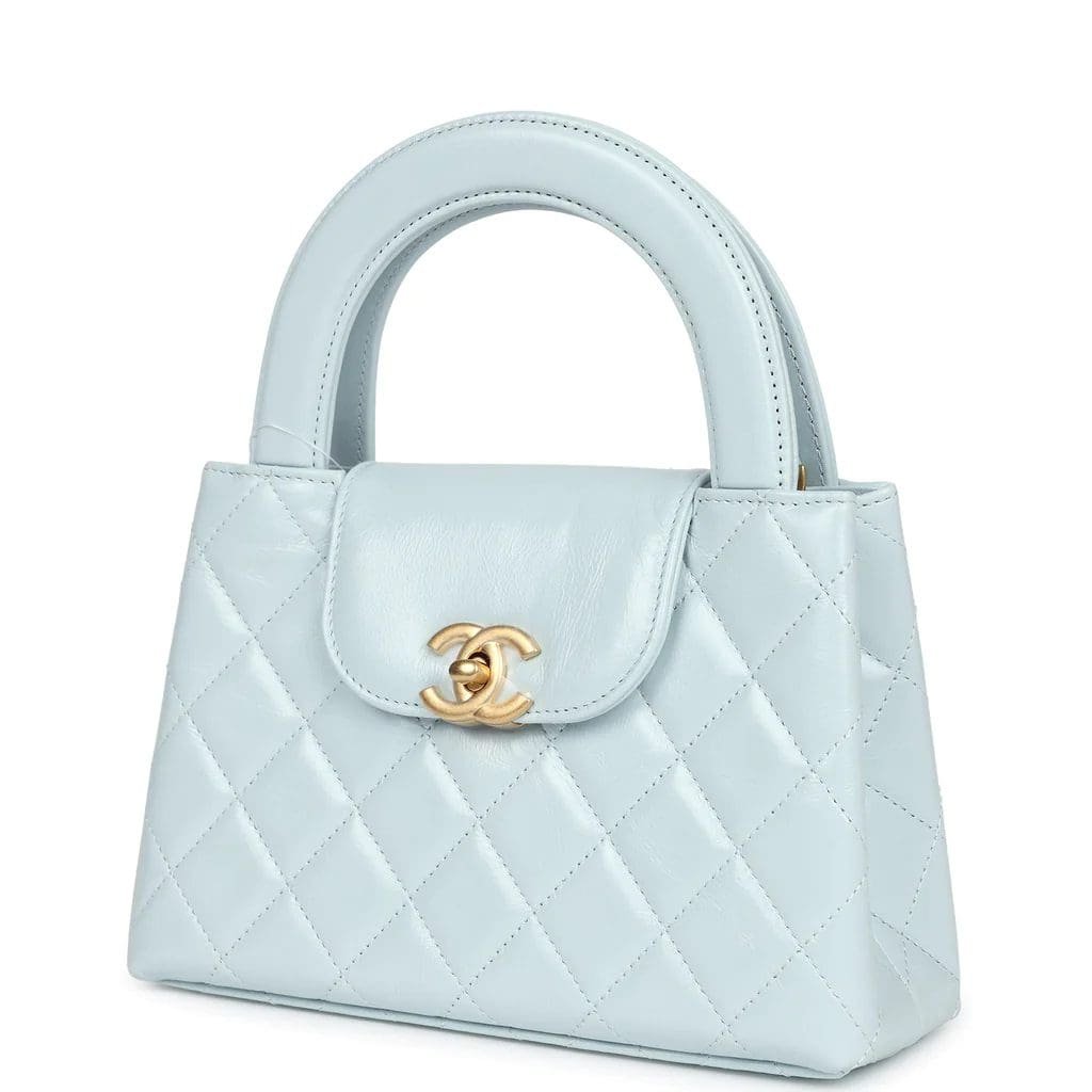Ch**el Small Kelly Shopper Light Blue Shiny Aged Calfskin Brushed Gold Hardware