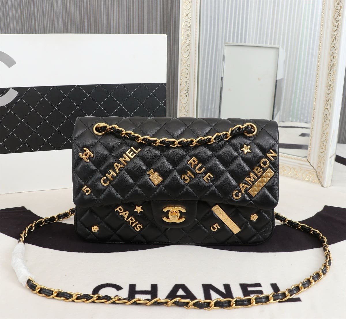 Ch**el Lambskin Quilted Medium Rue Cambon Charms Double Flap Black