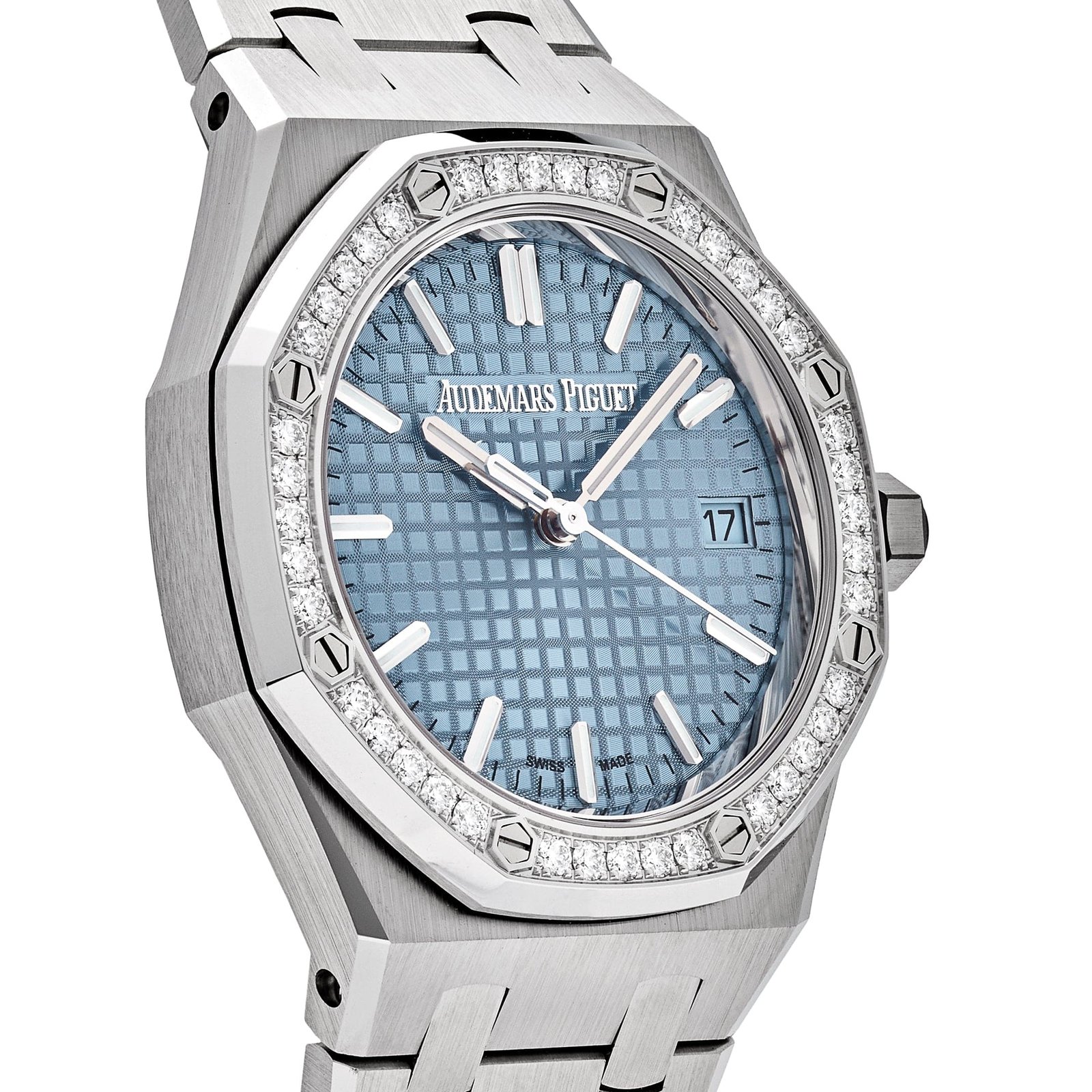 Audemars P1g*et Royal Oak 77451ST.ZZ.1361ST.01 ‘Ladies’ Selfwinding ’50th Anniversary’ Stainless Steel Light Blue Dial D1am0nd Bezel (2023)