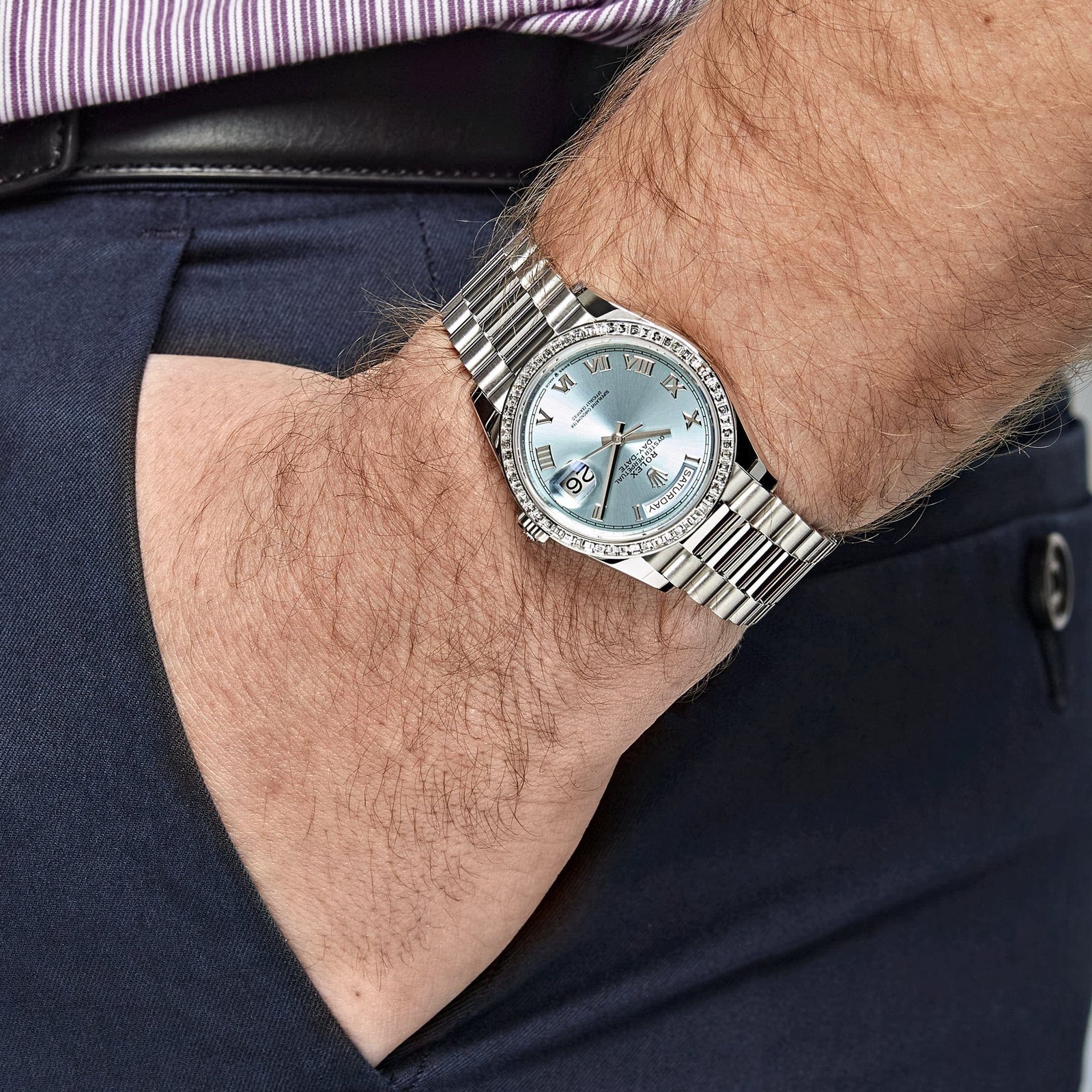 R01ex Day-Date 36 128396TBR Platinum Ice Blue Dial D1am0nd Bezel (2024)