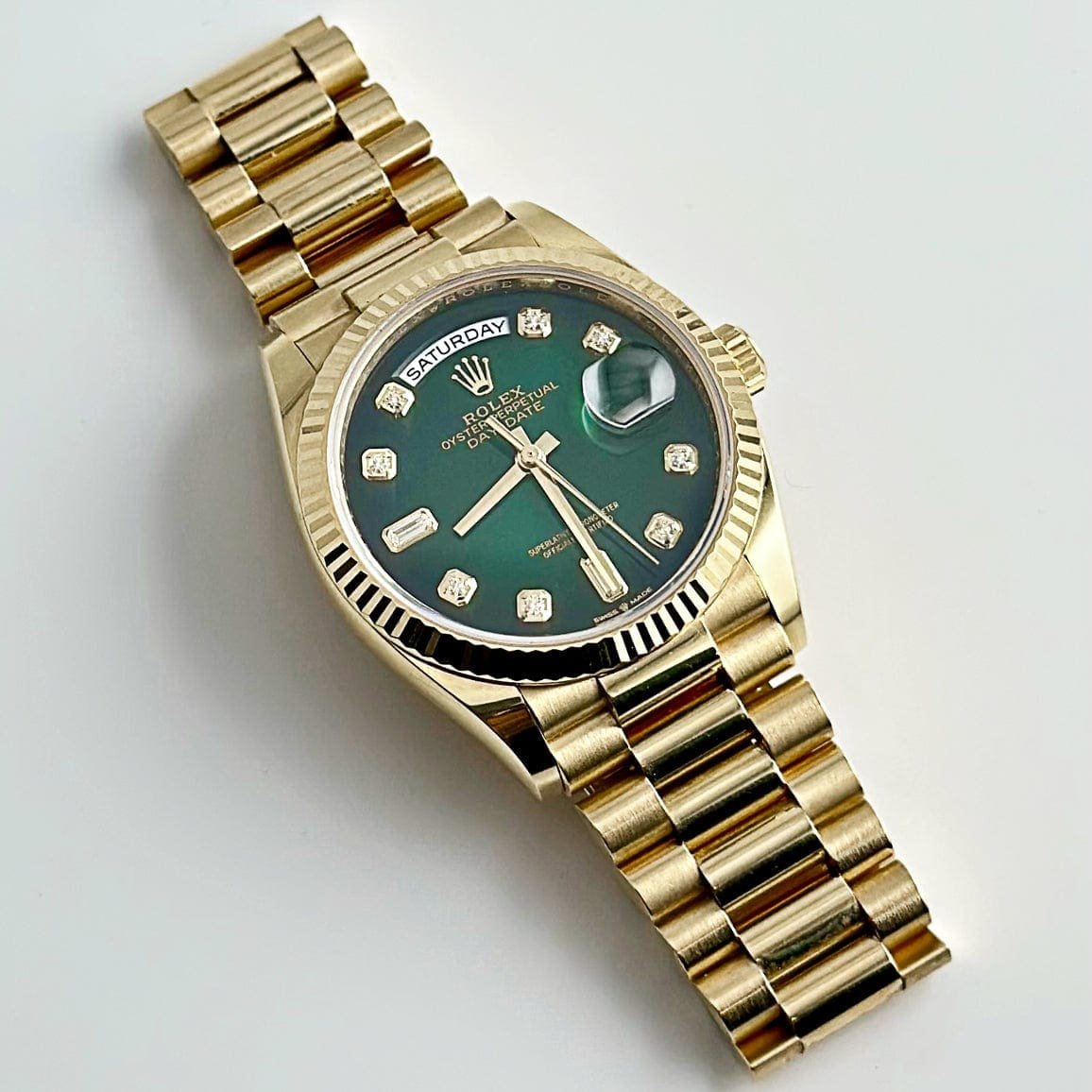 R01ex Day-Date 36 128238 Yellow Gold Green Ombré D1am0nd Dial