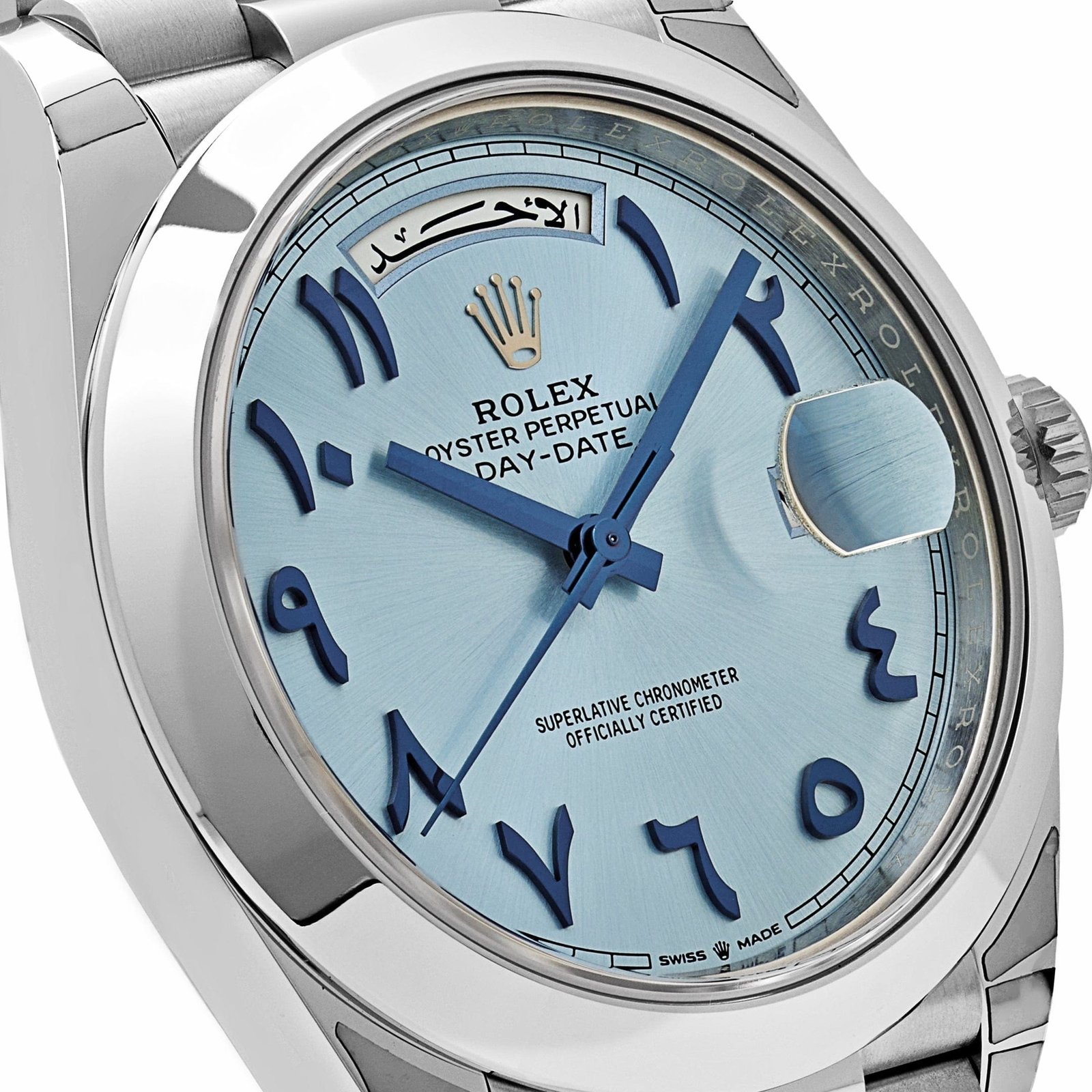 R01ex Day-Date 40 228206  Platinum Ice Blue Arabic Dial Smooth Dial