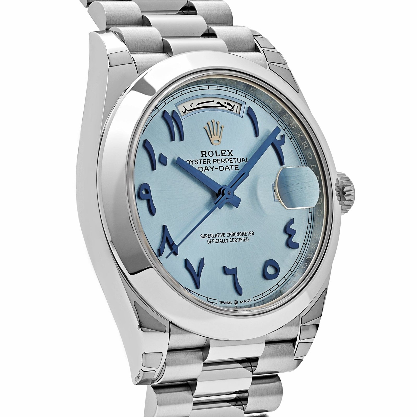 R01ex Day-Date 40 228206  Platinum Ice Blue Arabic Dial Smooth Dial