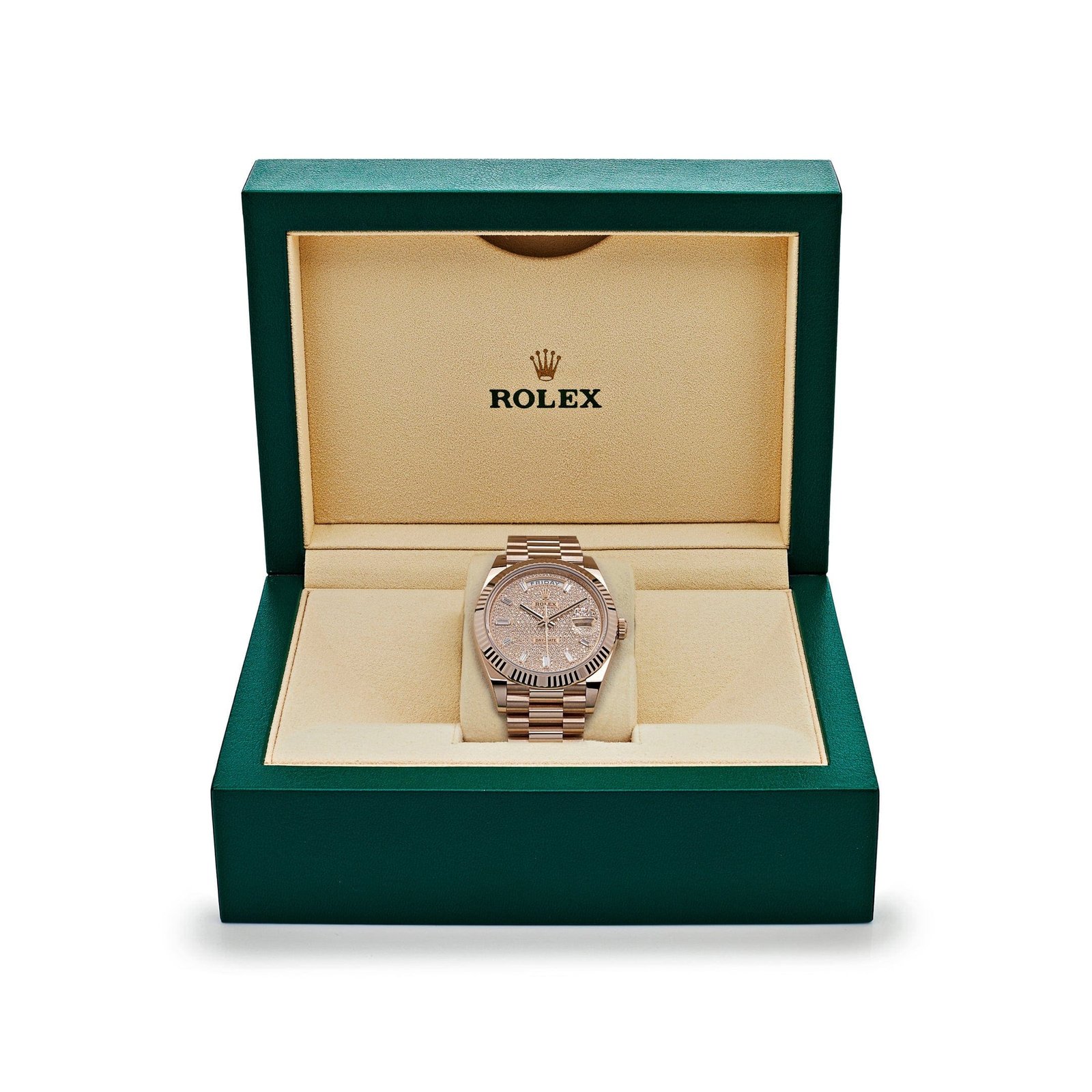 R01ex Day-Date 40 228235 Rose Gold Baguette D1am0nd Paved Dial