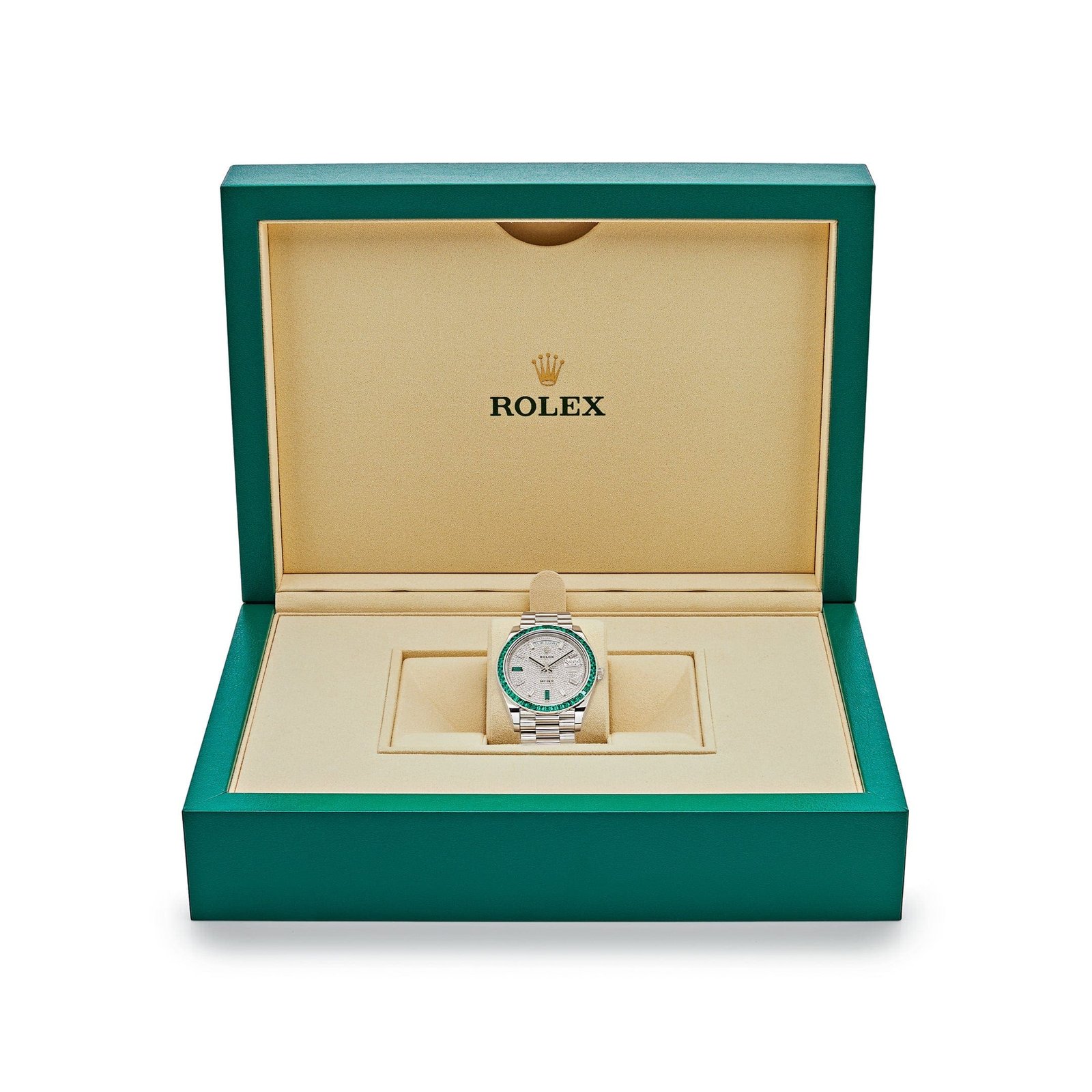 R01ex Day-Date 40 228396TEM Platinum D1am0nd Dial Emerald Bezel