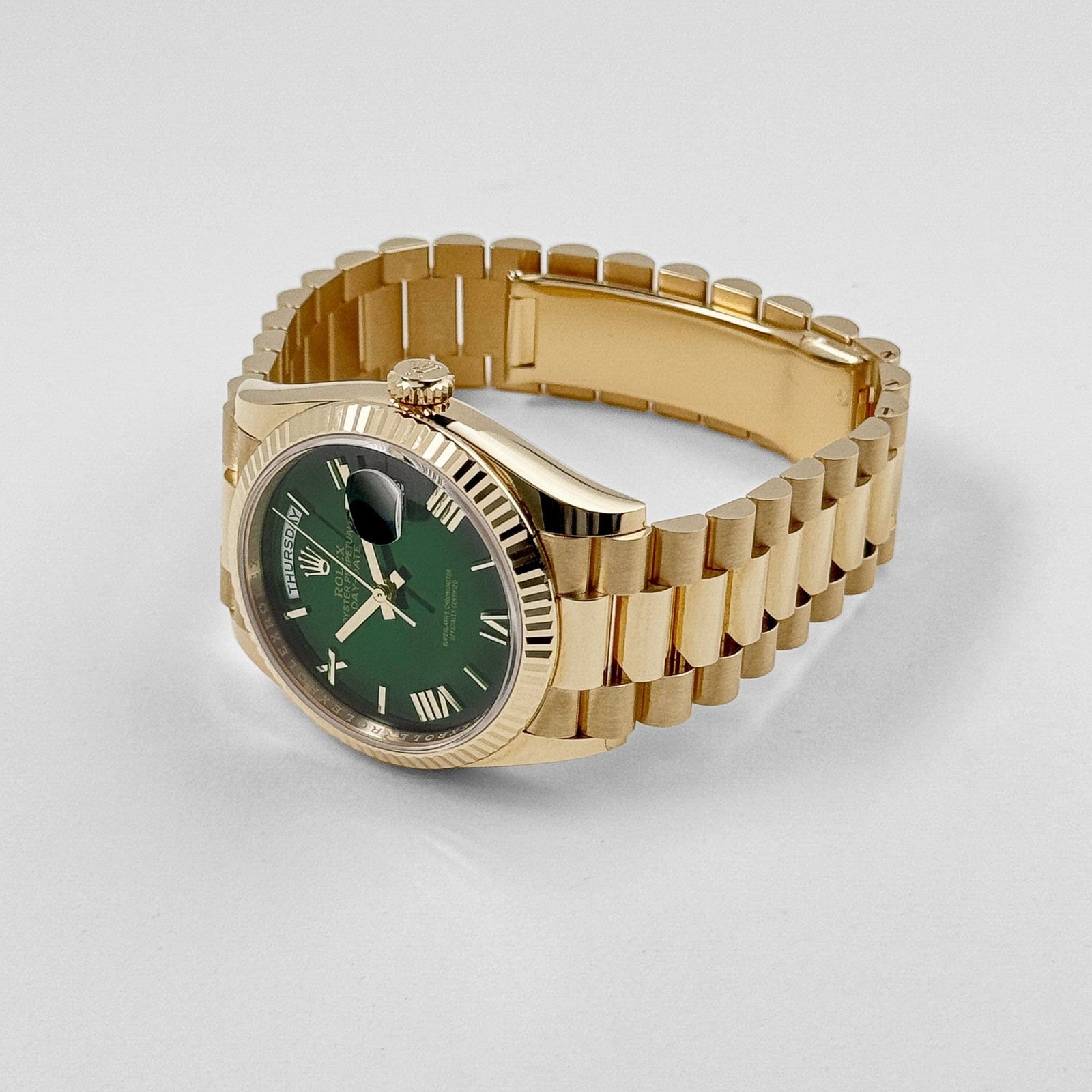 R01ex Day-Date 36 128238 Yellow Gold Green Ombre Roman Numeral Dial (2024)