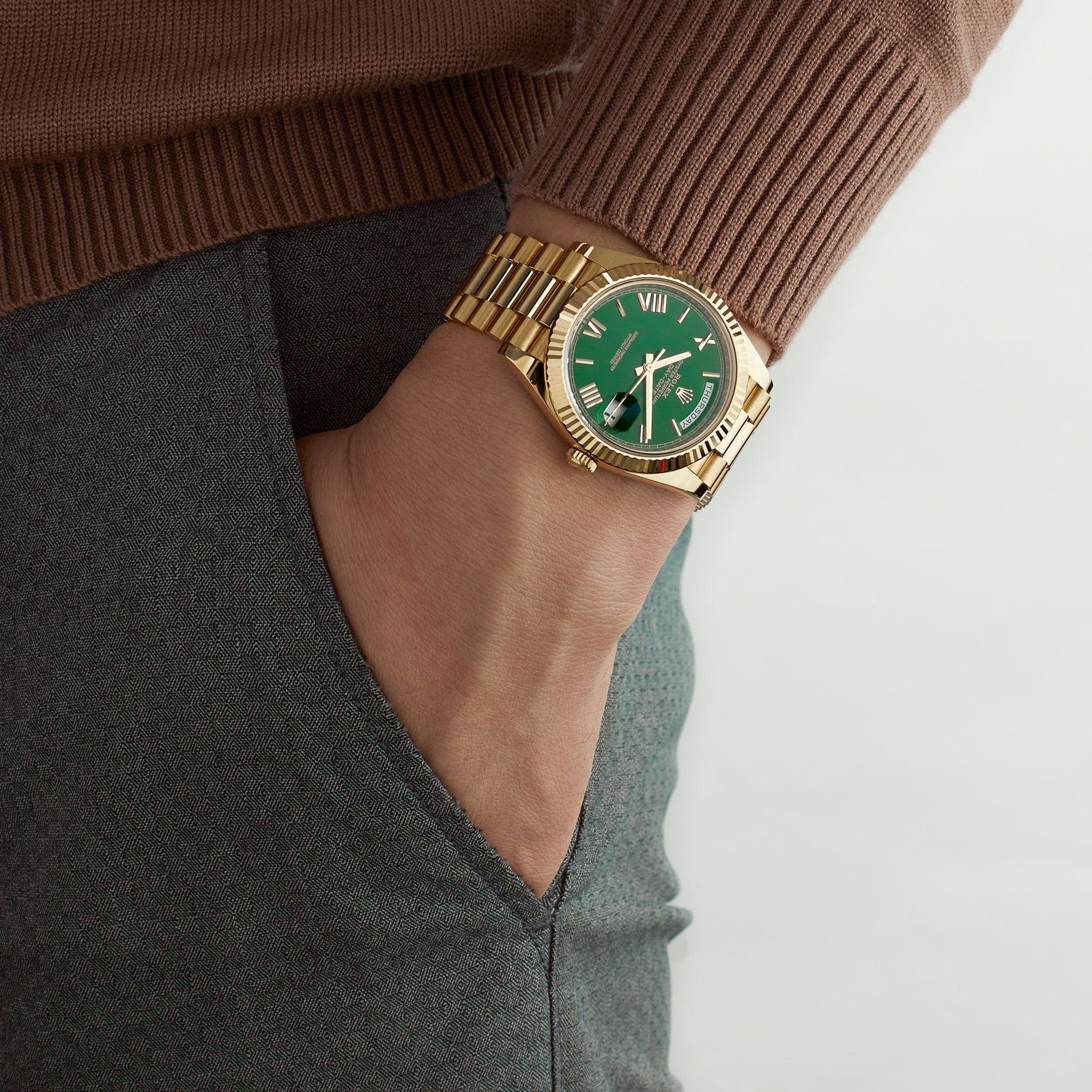 R01ex Day-Date 40 228238 Yellow Gold Green Roman Numerals Dial (2023)