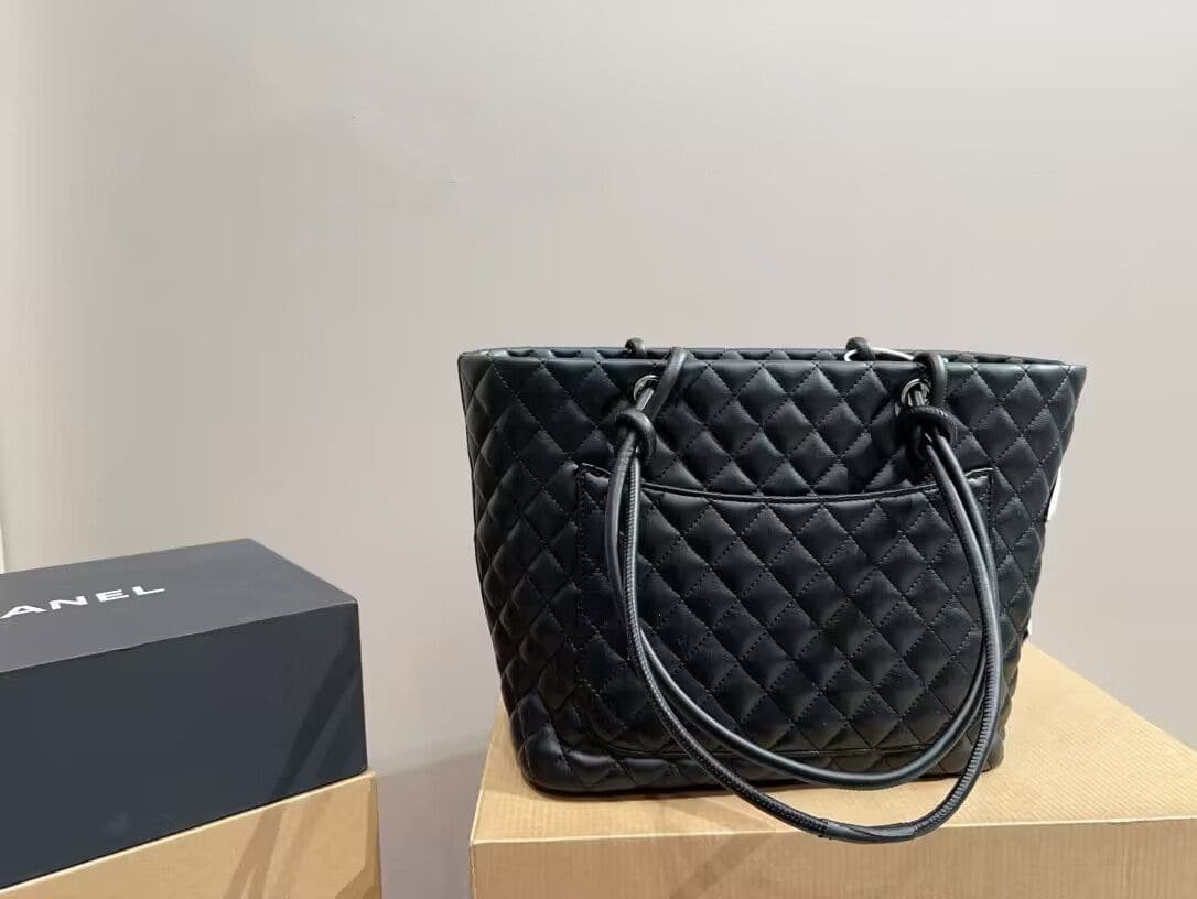 Ch**el Calfskin Quilted Large Cambon Tote Black White