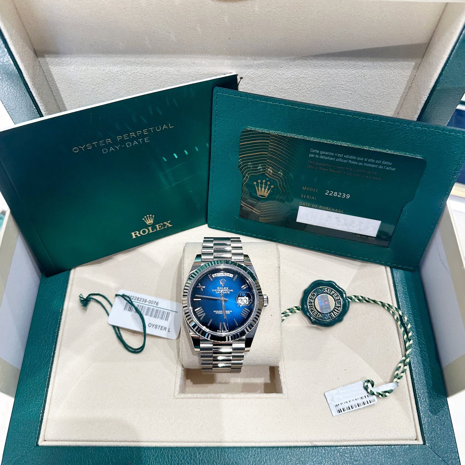 R01ex Day-Date 40 228239 White Gold Blue Ombre Roman Numeral Dial (2024)