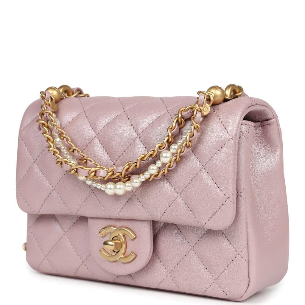 Ch**el Mini Square Pearl Flap Bag Light Pink Iridescent Lambskin Brushed Gold Hardware