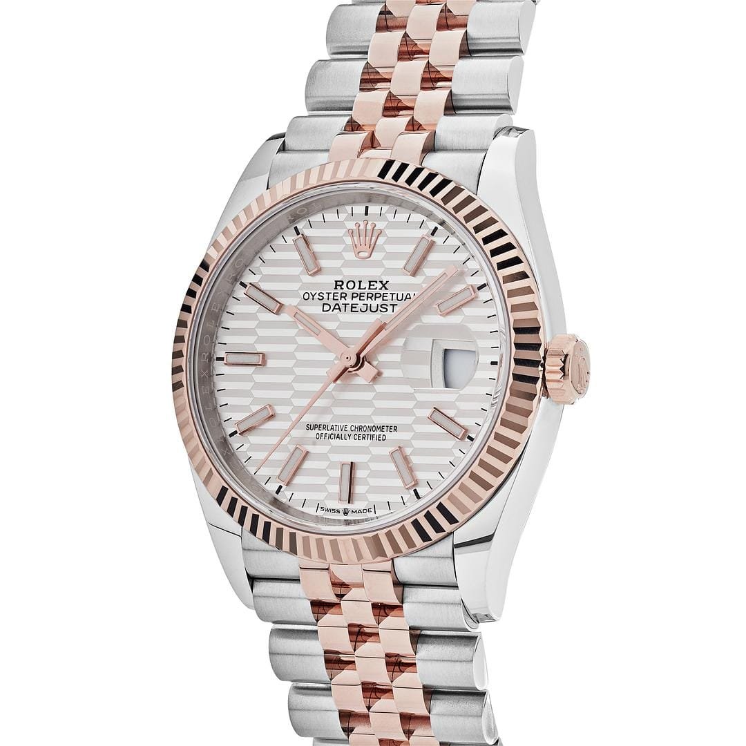 R01ex Datejust 36 126231 Rose Gold Stainless Steel Silver Fluted Motif Dial