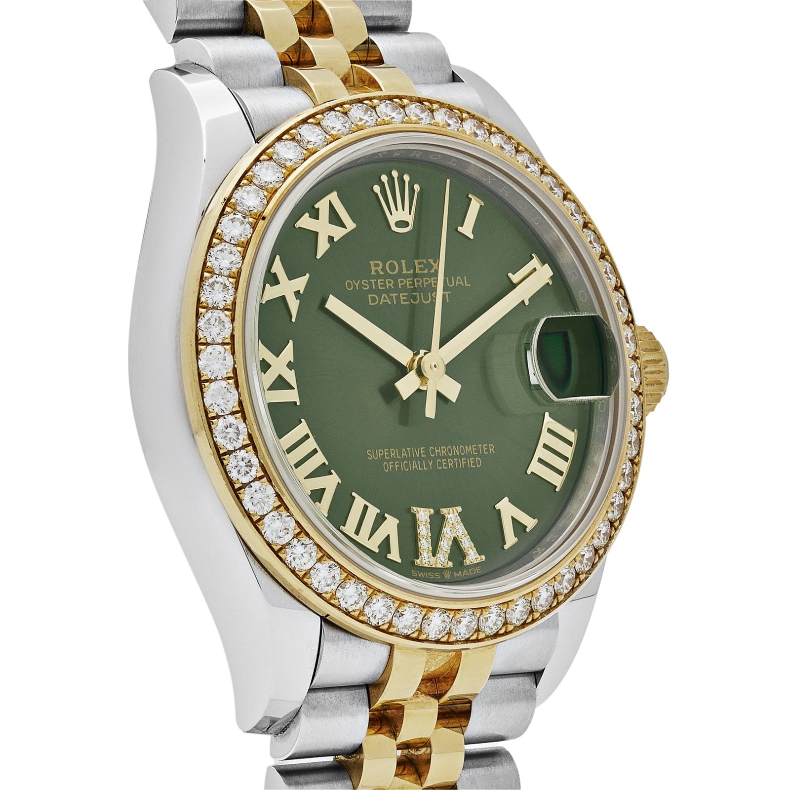 R01ex Datejust 31 278383RBR ‘Ladies’ Yellow Gold Stainless Steel Green Roman Dial D1am0nd Bezel